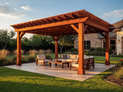 Wood pergola providing shade over a backyard patio